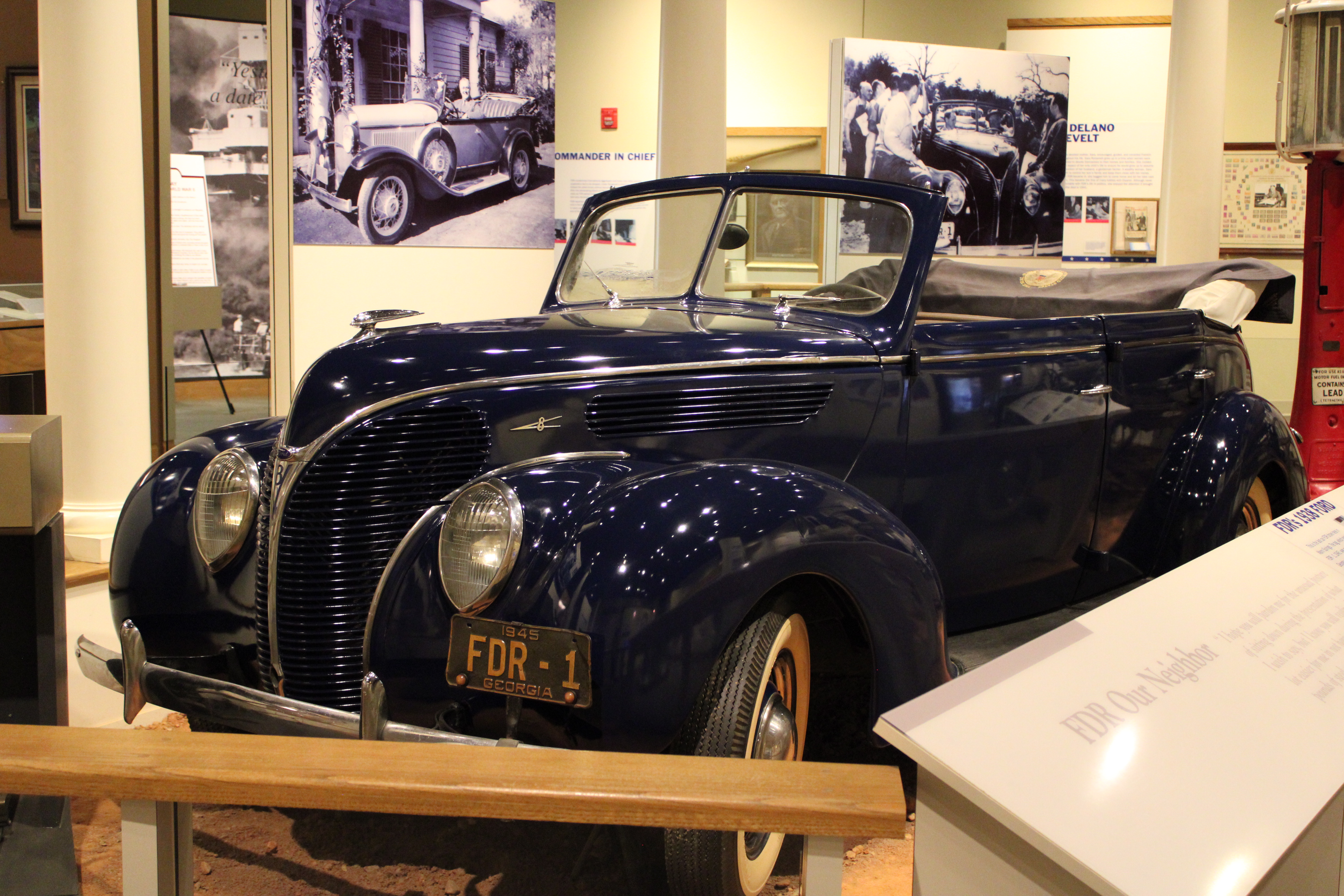 A typical 1940s car in Navy Blue color. This car had to be custom modified so that the President could drive it using only his hands.